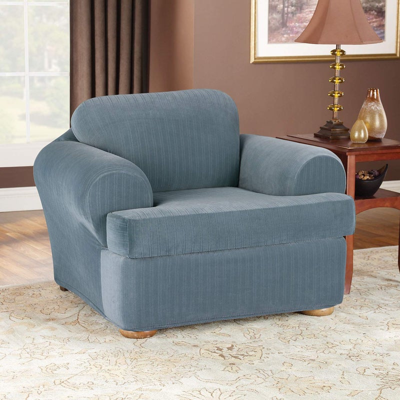 SureFit Stretch Pinstripe 2 Piece T Cushion Chair Slipcover in French Blue - Image 2